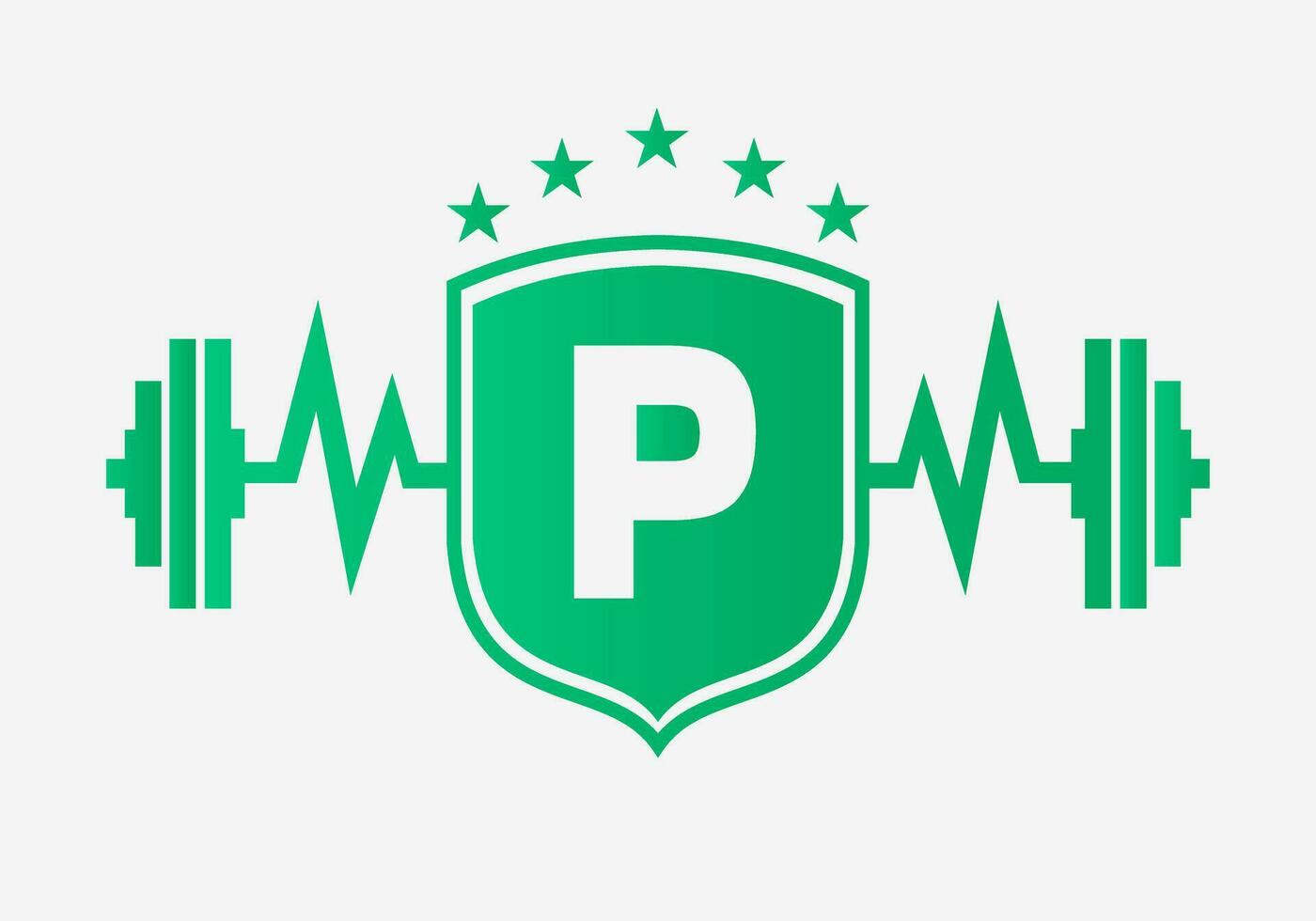 brief p Sportschool geschiktheid logo ontwerp concept met barbell schild en begin icoon. lichaamsbouw Sportschool symbool vector