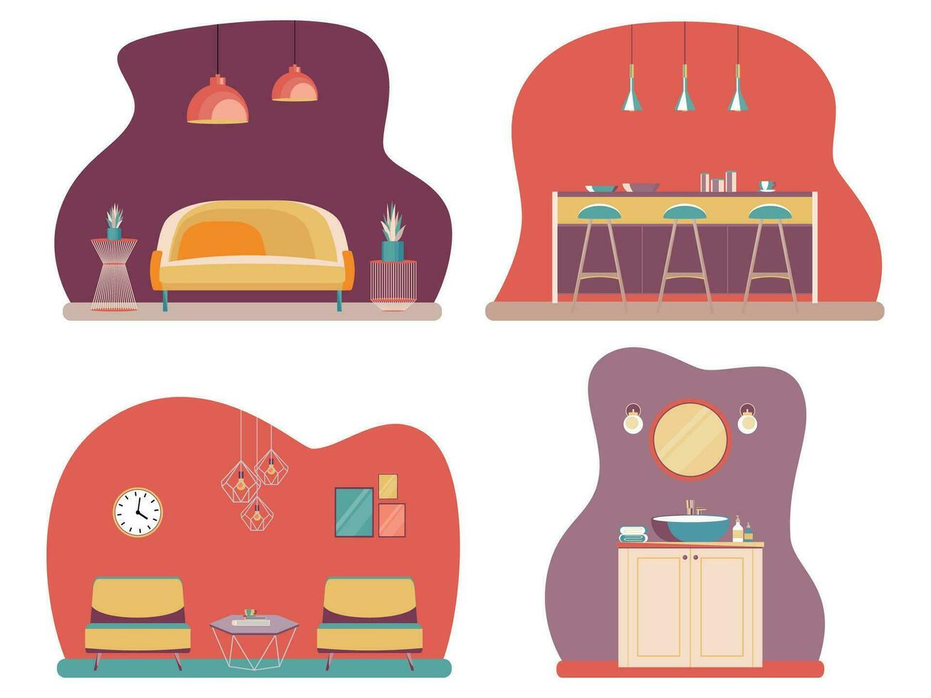 reeks interieur van de leven kamer, keuken en badkamer met meubilair. vlak tekenfilm stijl. vector illustratie