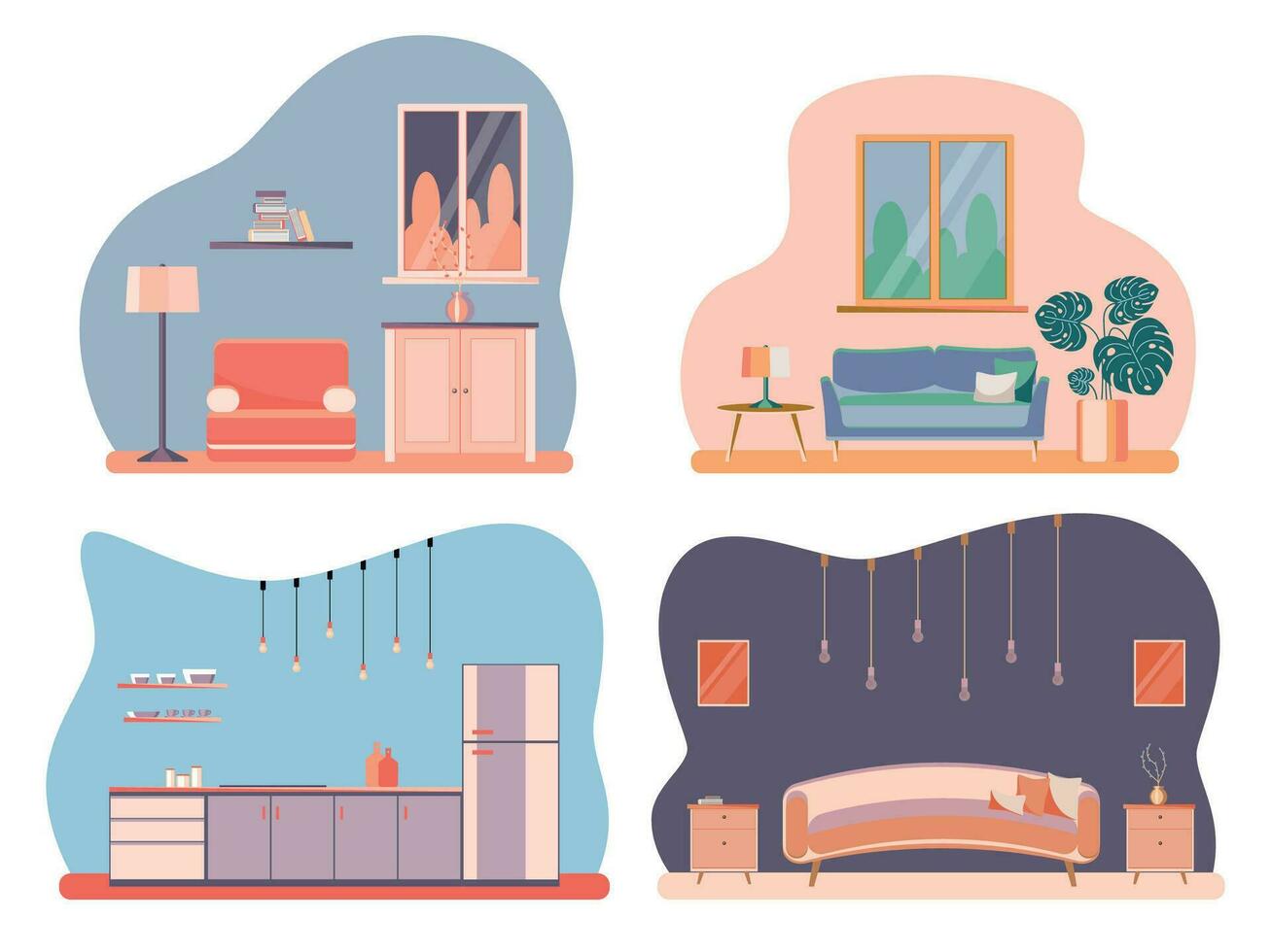 reeks interieur van de leven kamer en keuken met meubilair. vlak tekenfilm stijl. vector illustratie