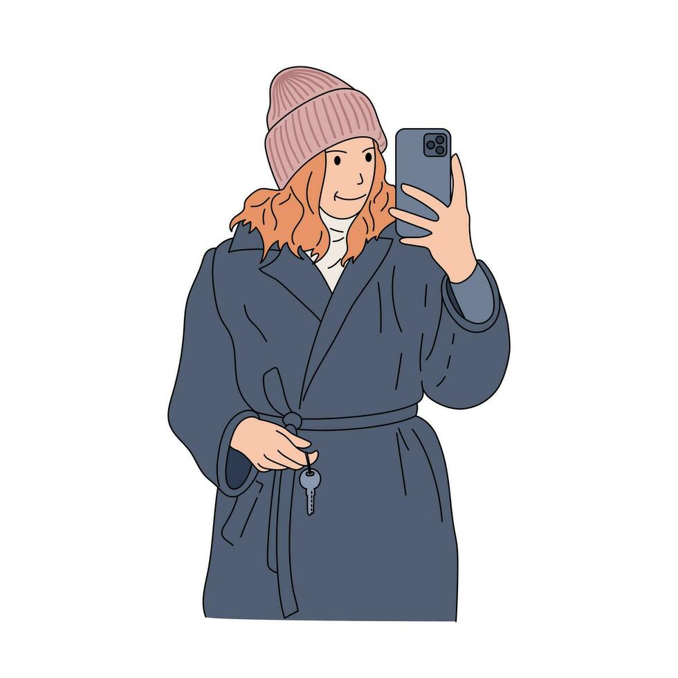 meisje maakt selfie in de spiegel. vrouw nemen afbeelding foto van haarzelf Aan smartphone. mode, sociaal media concept. vlak schets stijl. vector illustratie