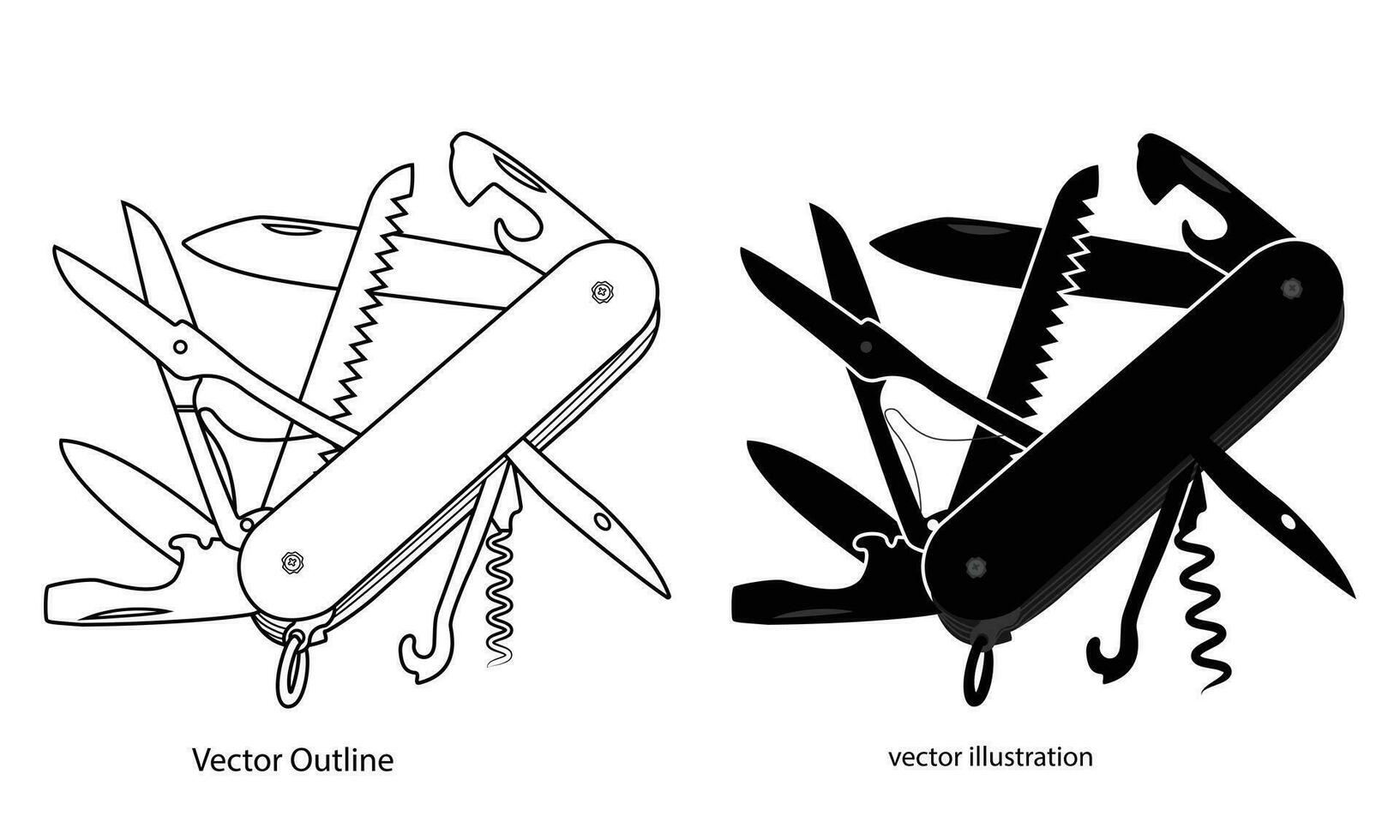 zak- mes icoon, leger mes, schets icoon, silhouet van multi tool zak- mes, vector illustratie, geïsoleerd Aan wit achtergrond