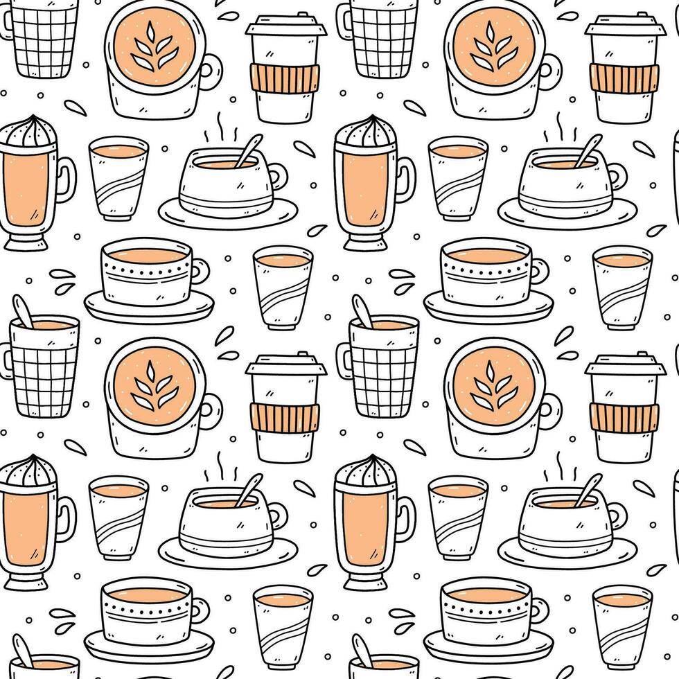 schattig naadloos patroon met koffie cups - Amerikaans, cappuccino, mokka, latte. vector hand getekend illustratie in tekening stijl. perfect voor afdrukken, menu, omhulsel papier, behang, divers ontwerpen.