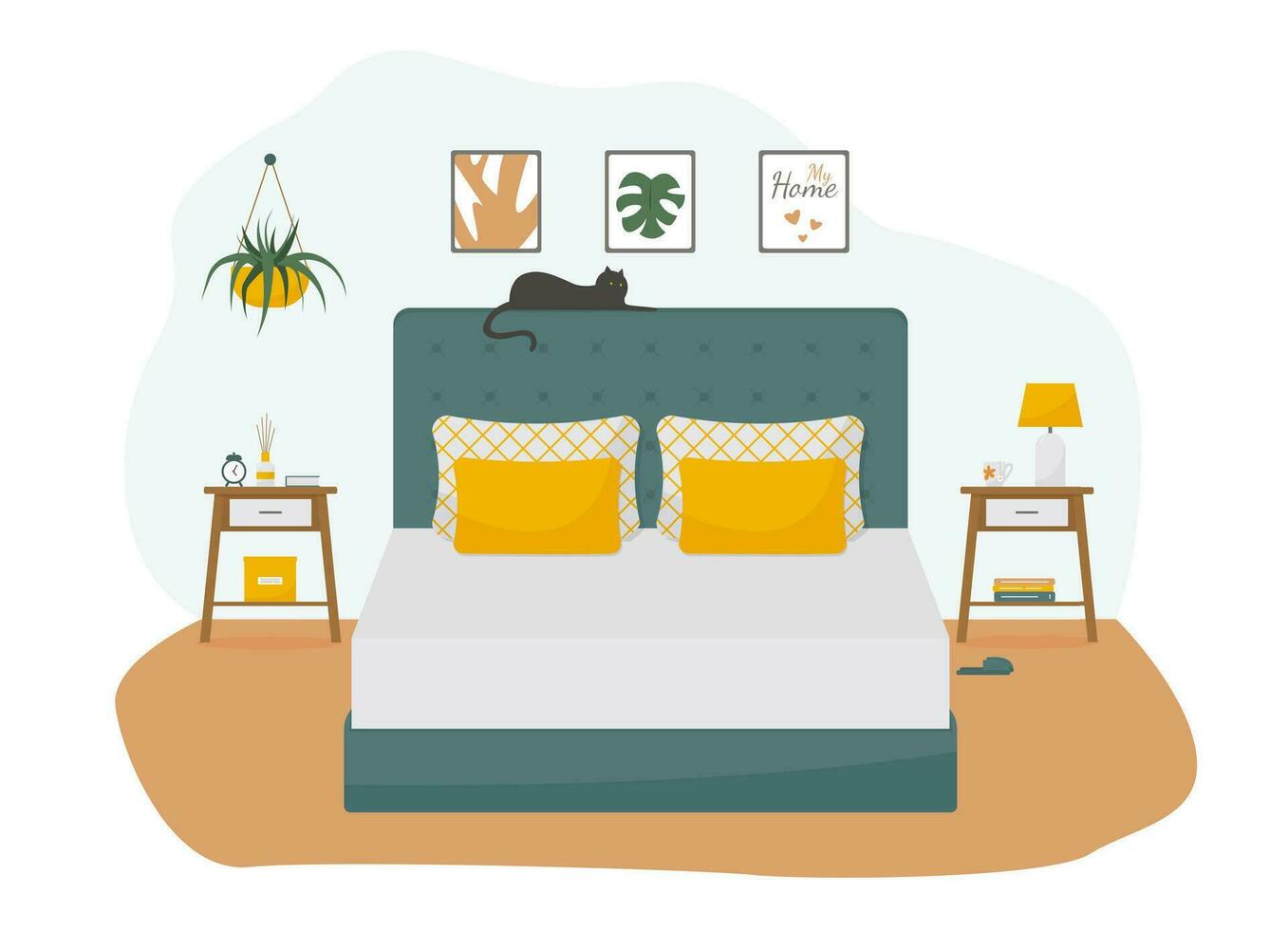 knus modern slaapkamer met een kat Aan een bed. concept vector illustratie in vlak stijl.