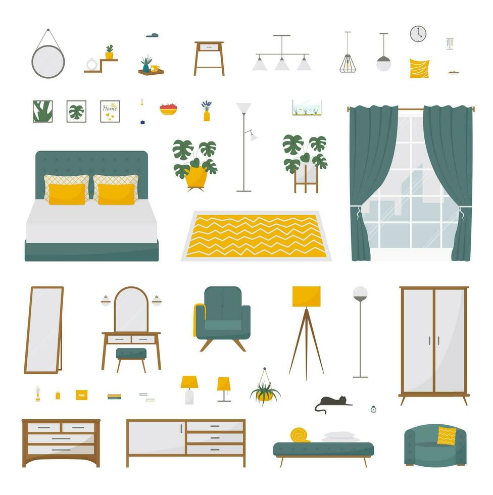 slaapkamer vector illustratie set. ontwerp modern modieus geïsoleerd items voor knus huis in vlak stijl.