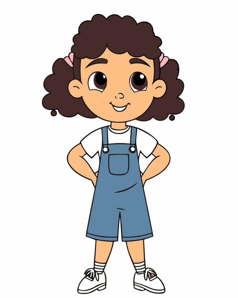 een tekenfilm meisje in overall staand met haar handen Aan haar heupen vector