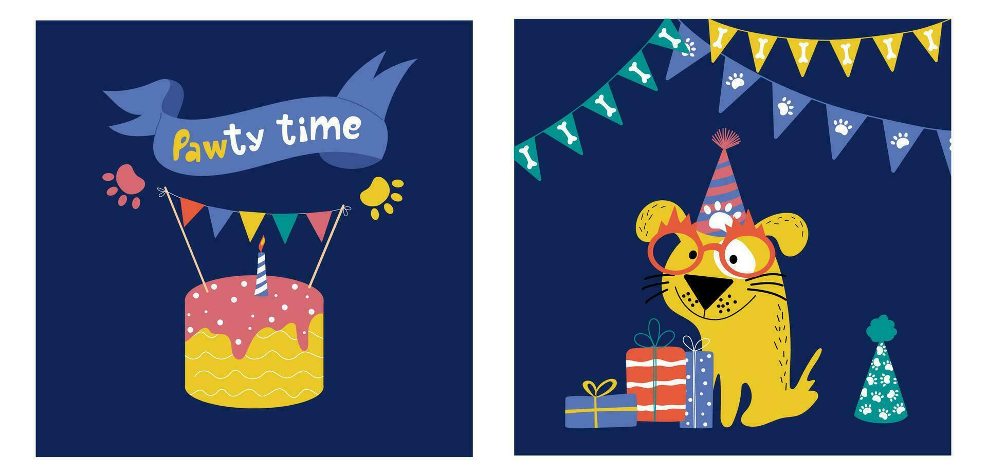 reeks van twee groet kaarten voor hond feest. hand getekend schattig hond in een verjaardag hoed, geschenk dozen, lint, Gorzen en verjaardag taart. pootje tijd ontwerp. vector