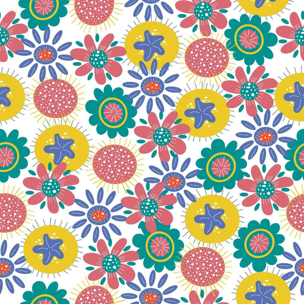 kleurrijk naadloos patroon met hand- getrokken fantastisch tekening bloemen. vector ontwerp Aan wit achtergrond.
