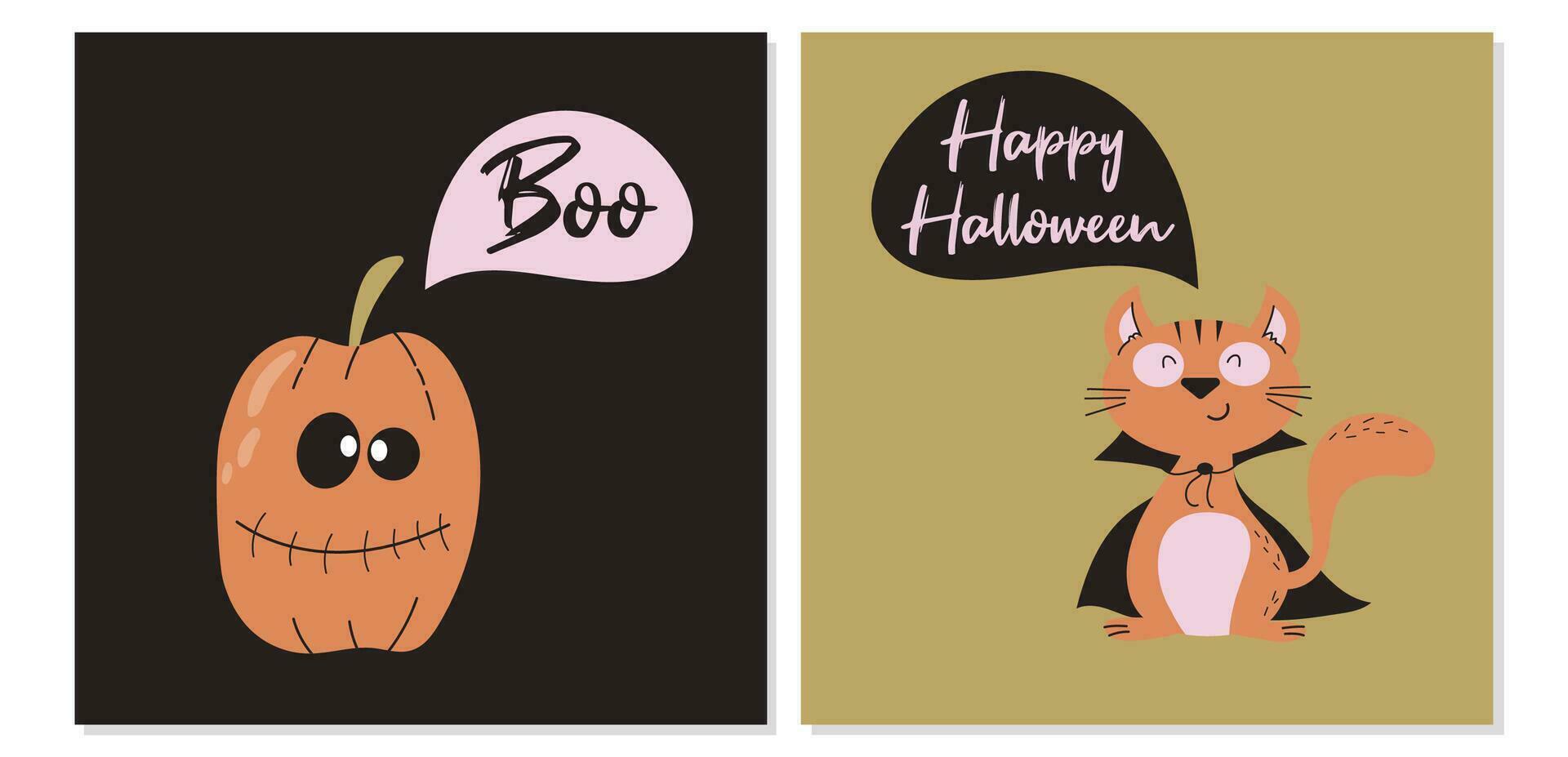 reeks van twee halloween kaarten met schattig glimlachen pompoen en gelukkig kat. vector