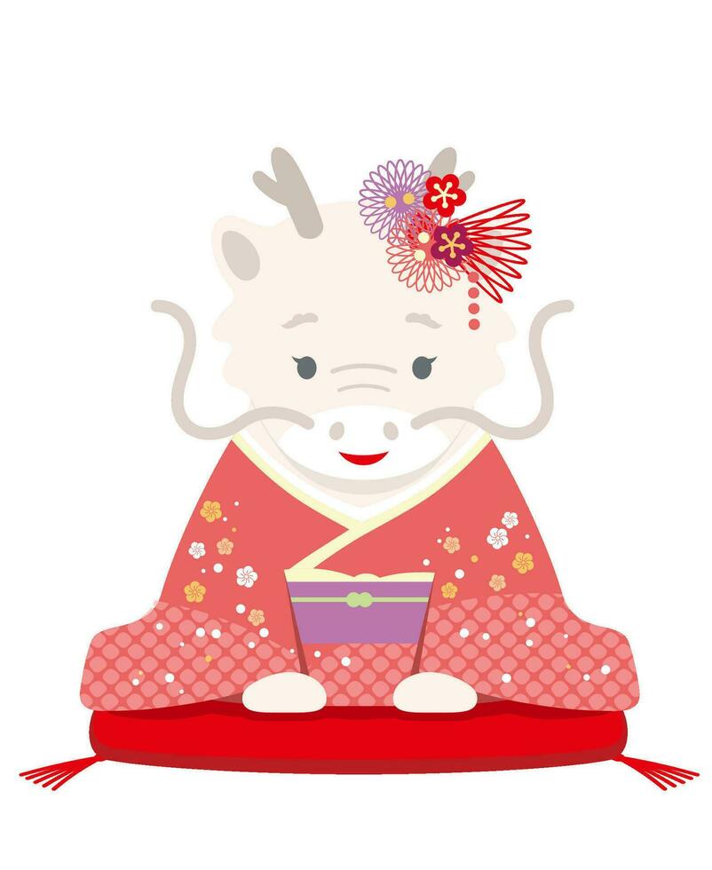 de jaar van de draak mascotte gekleed in Japans kimono aanbieden haar nieuw jaar hartelijk groeten. vector