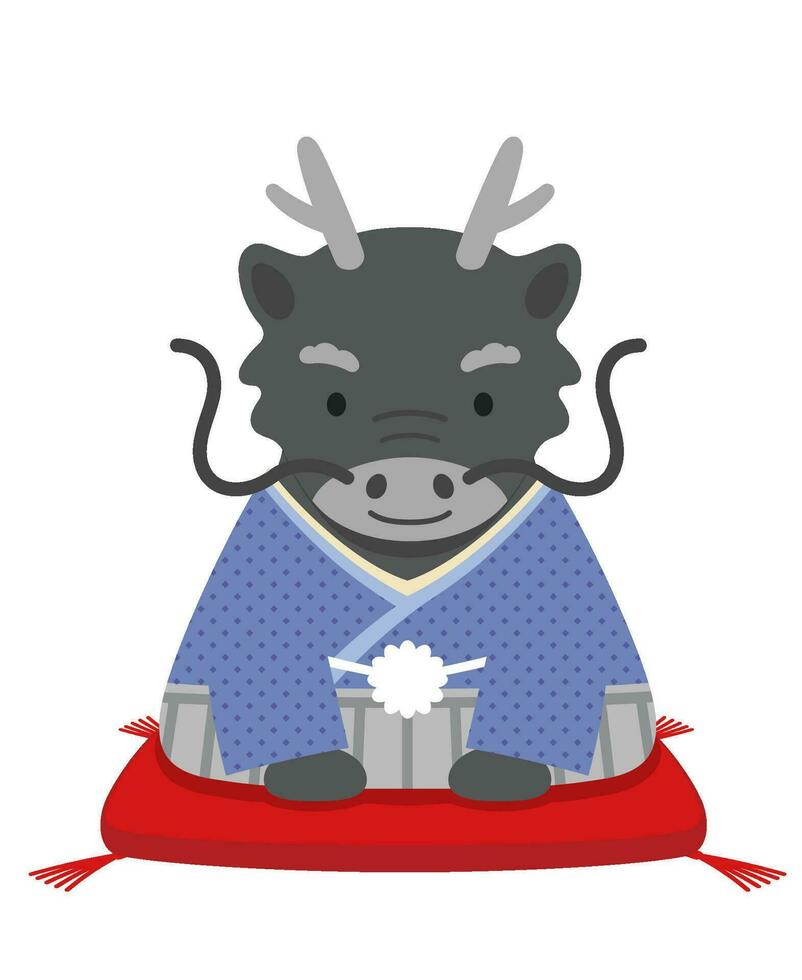 de jaar van de draak mascotte gekleed in Japans kimono aanbieden zijn nieuw jaar hartelijk groeten. vector