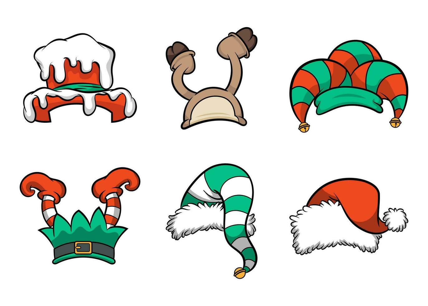 Kerstmis vakantie hoeden. de kerstman claus grappig pet, sneeuw rendier en elfen hoofddeksels tekenfilm vector