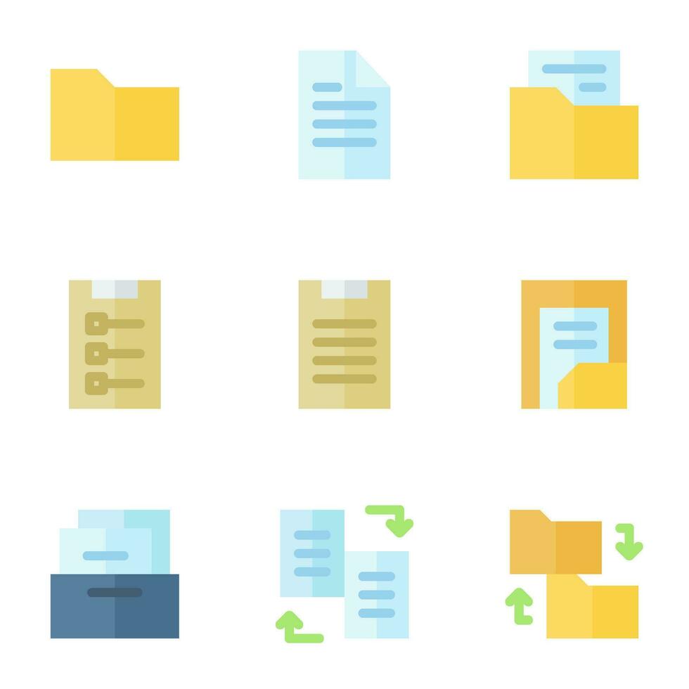 document en het dossier icoon set, in vlak stijl, omvat map, het dossier, papier, selectievakje, Opmerking, en archief. geschikt voor bedrijf behoeften, kantoren en banen. vector