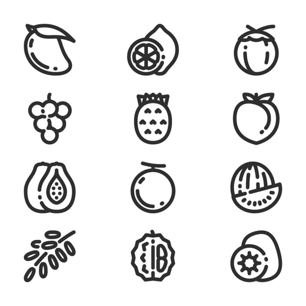 fruit pictogrammen set, in lijn stijl, inclusief mango, watermeloen, druif en kokosnoot. geschikt voor voedsel en drank behoeften. vector