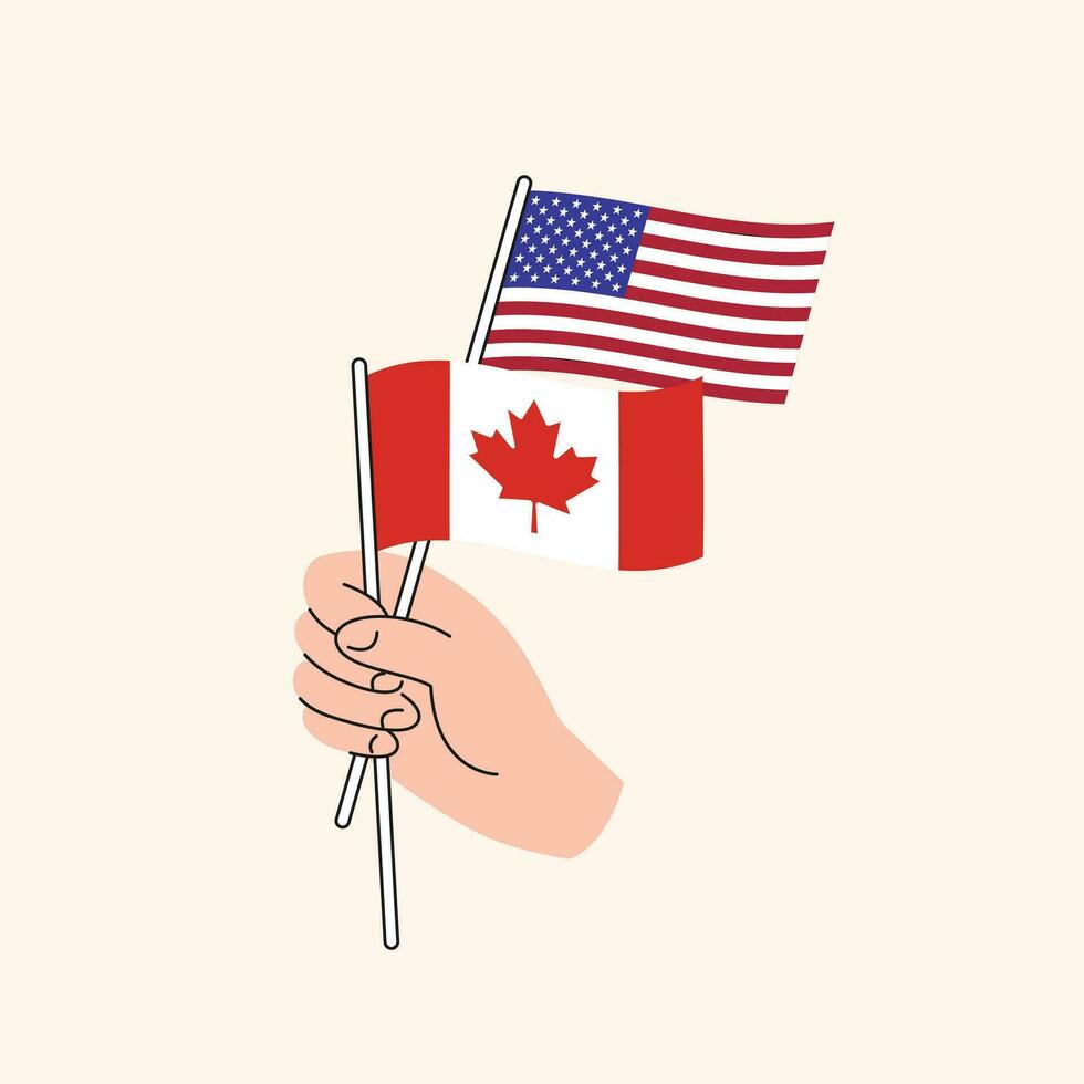 tekenfilm hand- Holding Verenigde staten en Canadees vlaggen. Verenigde Staten van Amerika en Canada relaties vector