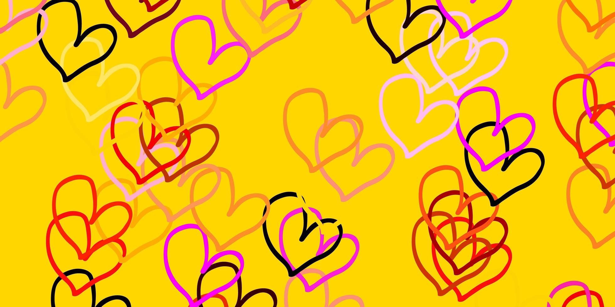 licht rood, geel vector sjabloon met doodle harten.