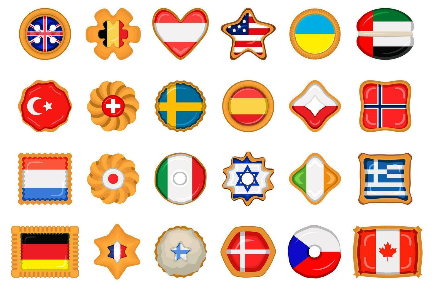 reeks eigengemaakt koekje met vlag land wereld in smakelijk biscuit vector