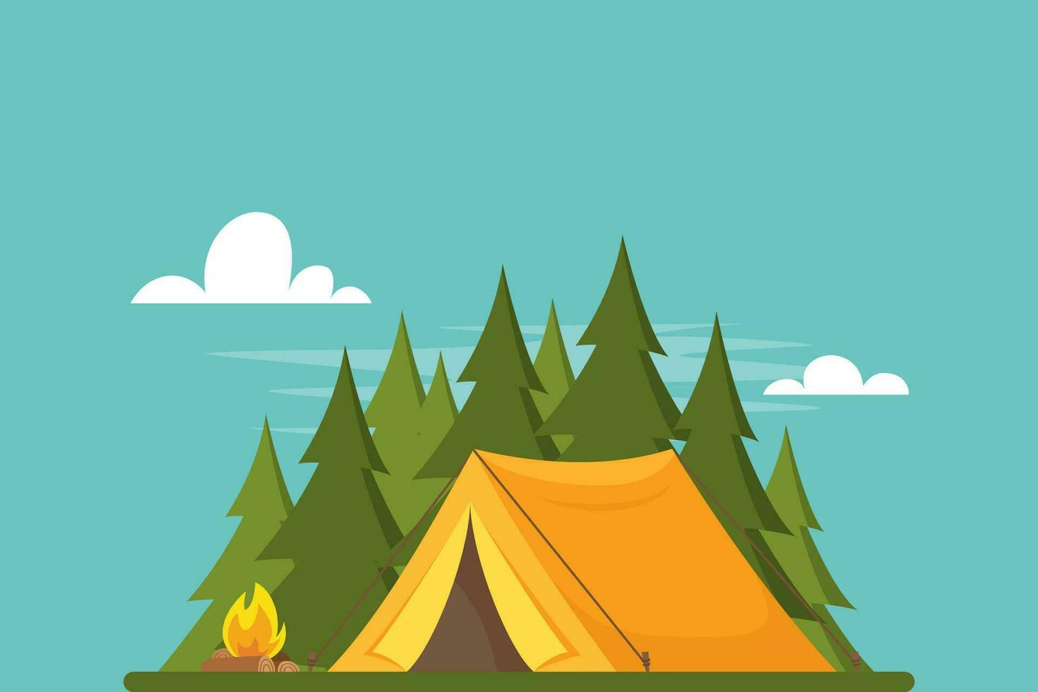 geel tent in Woud. tent, Woud en brand. banier, poster voor klimmen, hiking, trekken sport, avontuur toerisme, reis, backpacken. gemakkelijk vlak vector illustratie.