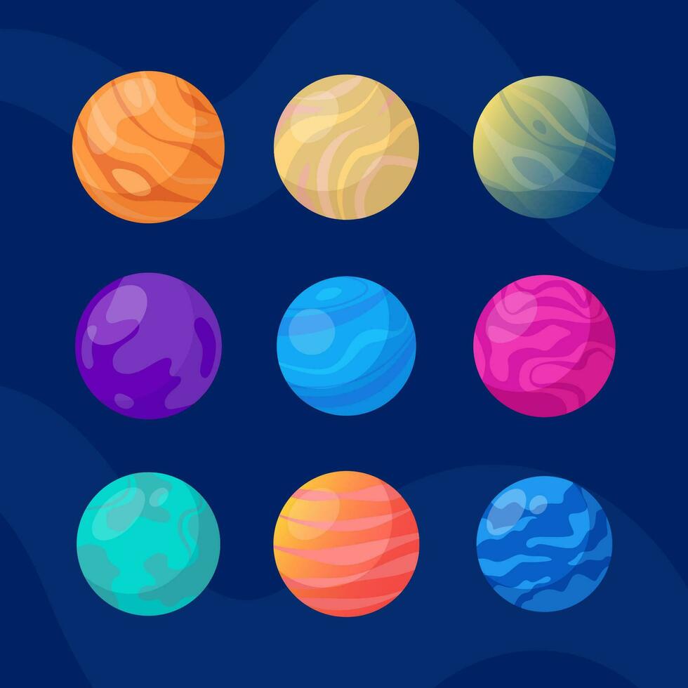 fantastisch planeten pictogrammen set. kosmisch wereld ontwerp elementen. heelal voorwerpen, planeten met kraters en gloeiend lava oppervlak. vector illustratie.