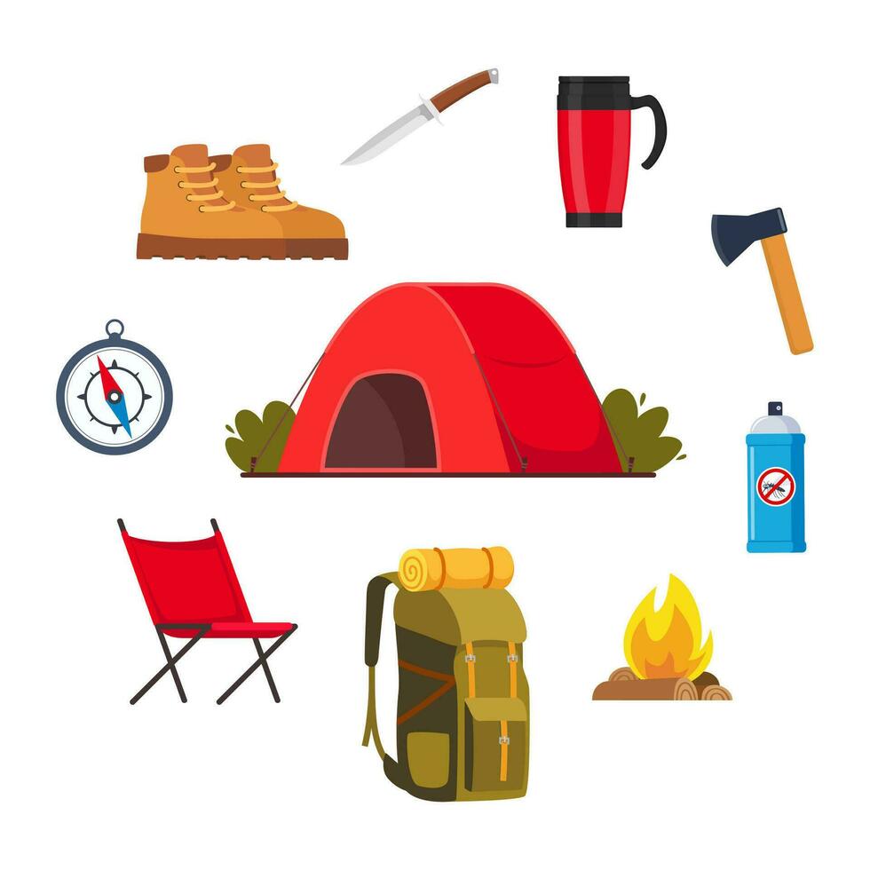 camping en wandelen uitrusting set. groot verzameling van elementen of pictogrammen voor sport, avonturen in natuur, recreatie en toerisme concept ontwerp. vector illustratie.