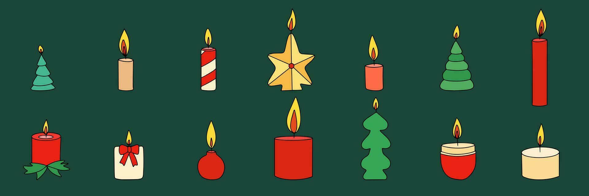 reeks van hand- getrokken Kerstmis kaarsen. verzameling van Kerstmis kaarsen in gekleurde schets stijl. tekening kaarsen. vector illustratie.