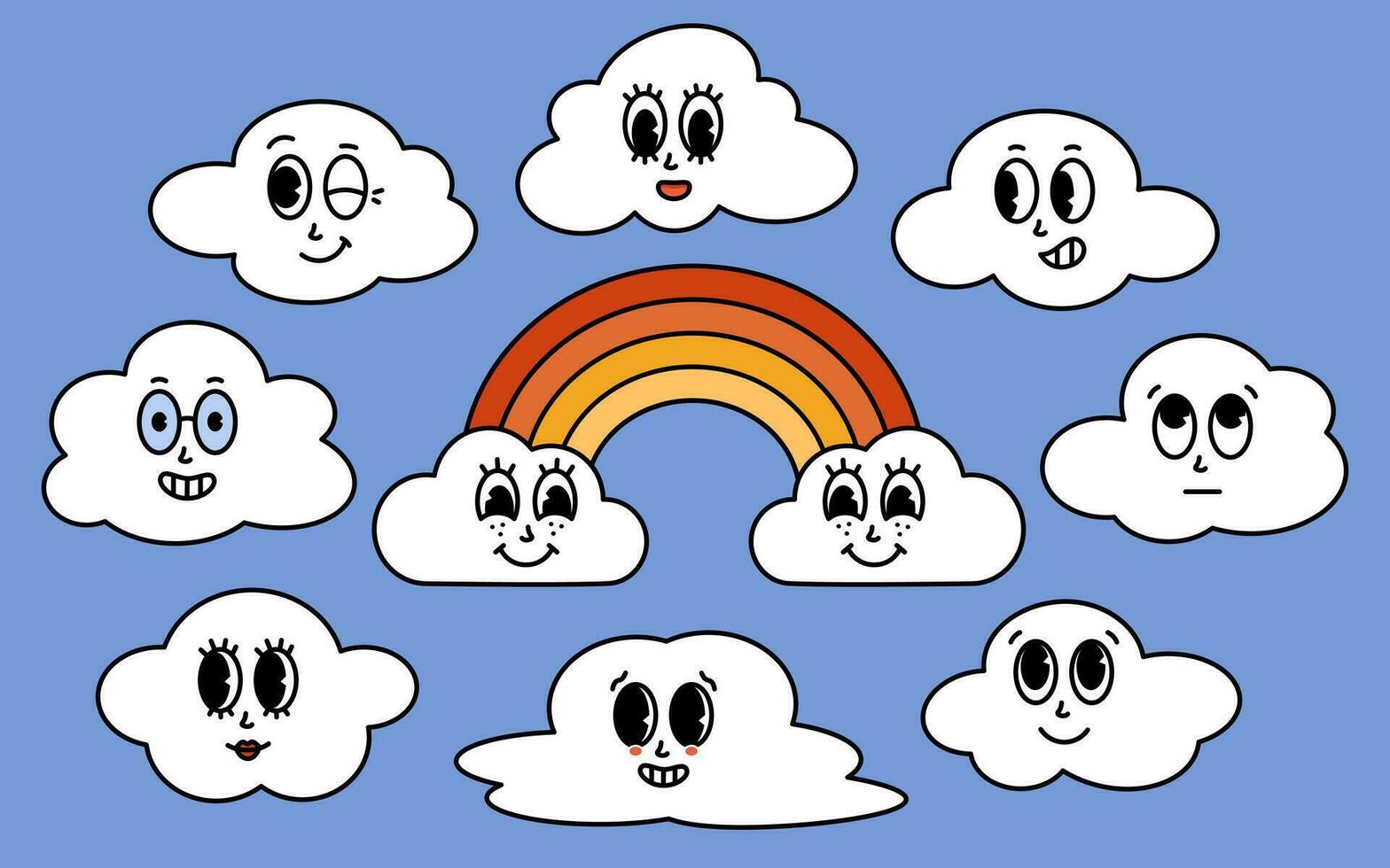 retro tekenfilm wolken, regenboog karakter met verschillend emotie. groovy sticker pak. vector illustratie