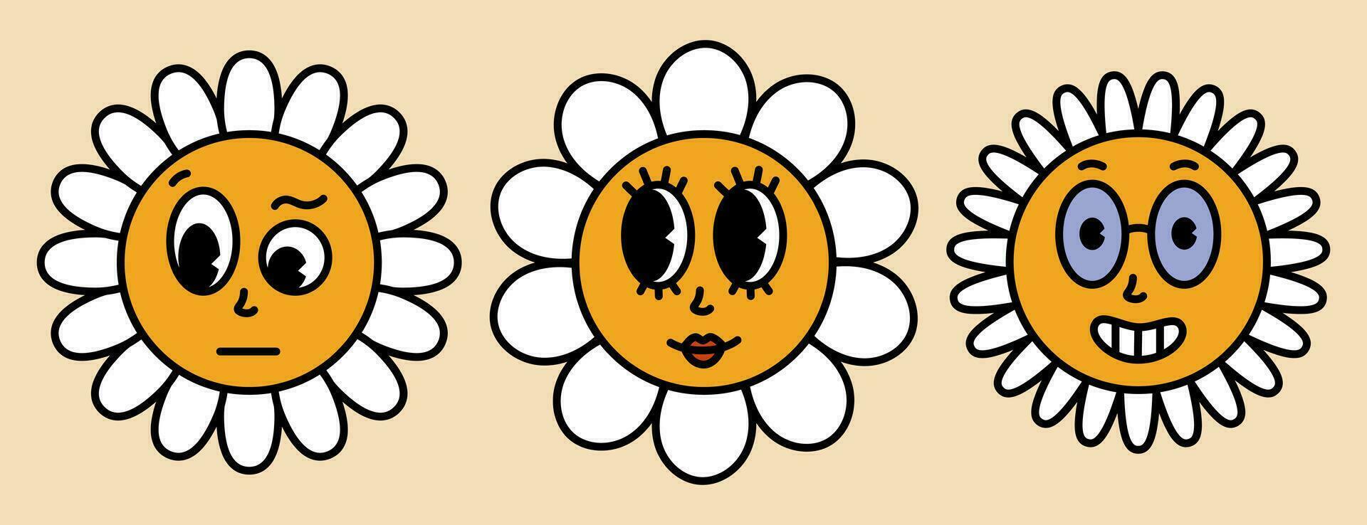 madeliefje bloemen met tekenfilm grappig gezichten. bloeien kamille met verschillend emotie een wenkbrauw opgevoed, schoonheid, nerd. sticker pak in modieus retro. jaren '30, jaren 50, Jaren 60 wijnoogst grappig glimlach. vector illustratie