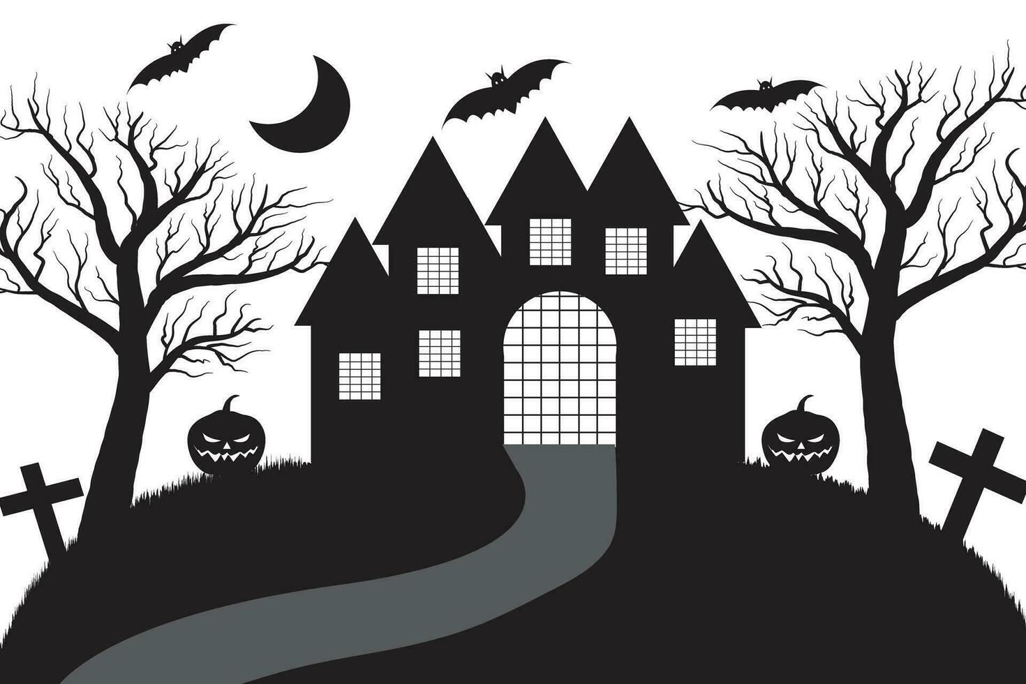 halloween verschrikking kasteel achtervolgd huis gebouw silhouet vector, zwart en wit knuppel en geest spookachtig huis, eng nacht partij 31 oktober illustratie thema, bomen pompoenen graven heks maan kruisen vector