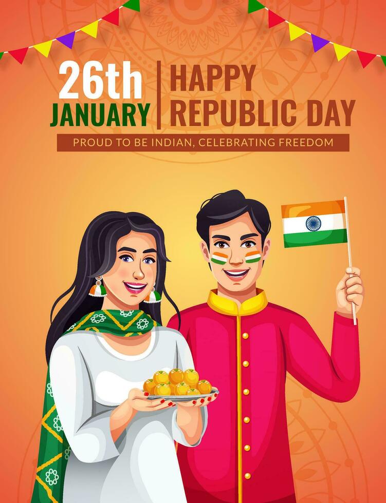 gelukkig republiek dag poster ontwerp met gelukkig trots Indisch paar vector