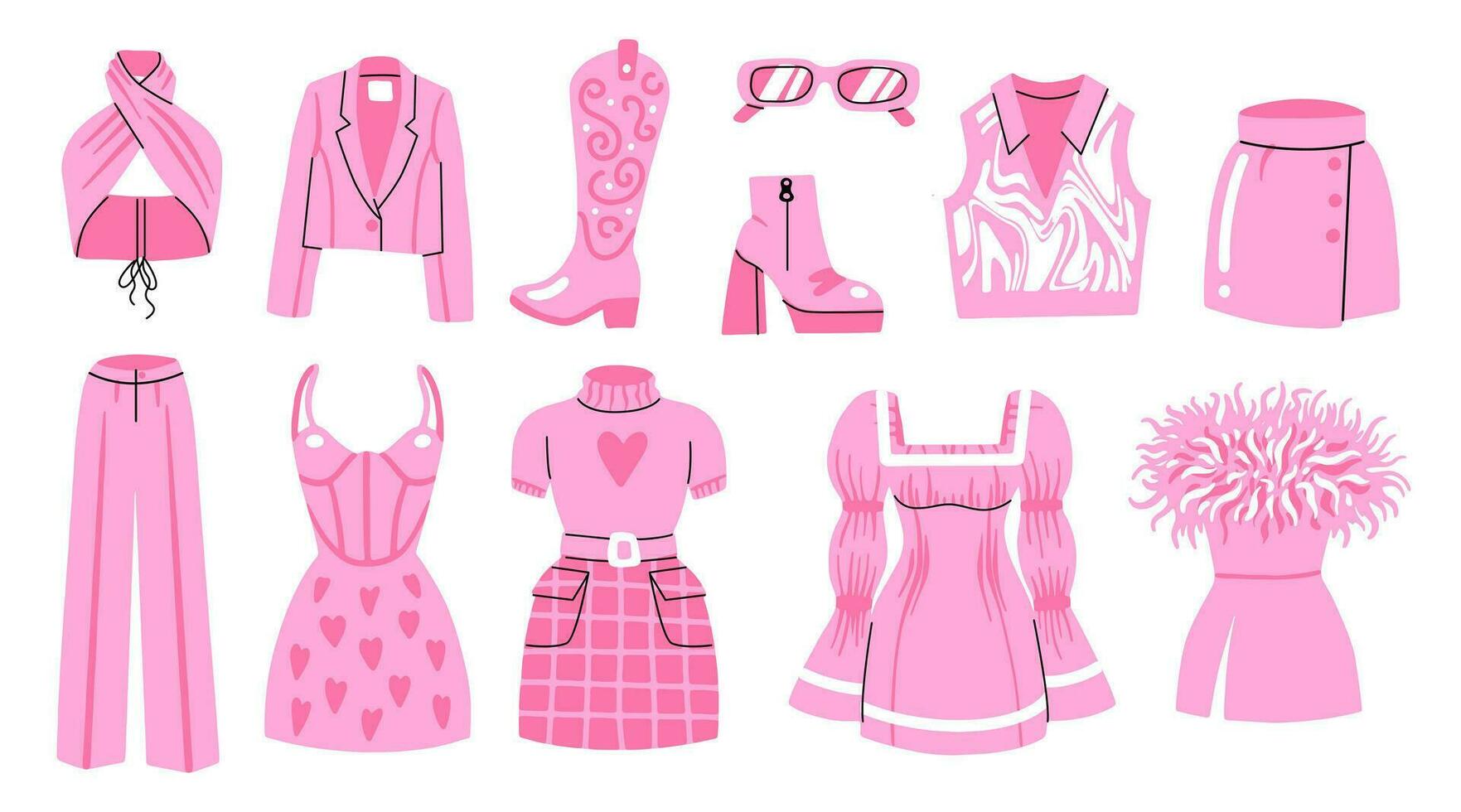 een reeks van roze kleren. meisjes outfits, jurken, rokken, broek, t-shirts, schoenen, laarzen, bril. glamoureus mode vector
