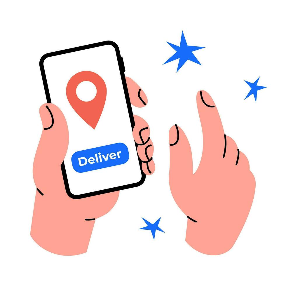 een menselijk hand- is Holding een smartphone. online levering van de op te slaan. bestellen door koerier huis. geolocatie icoon vector