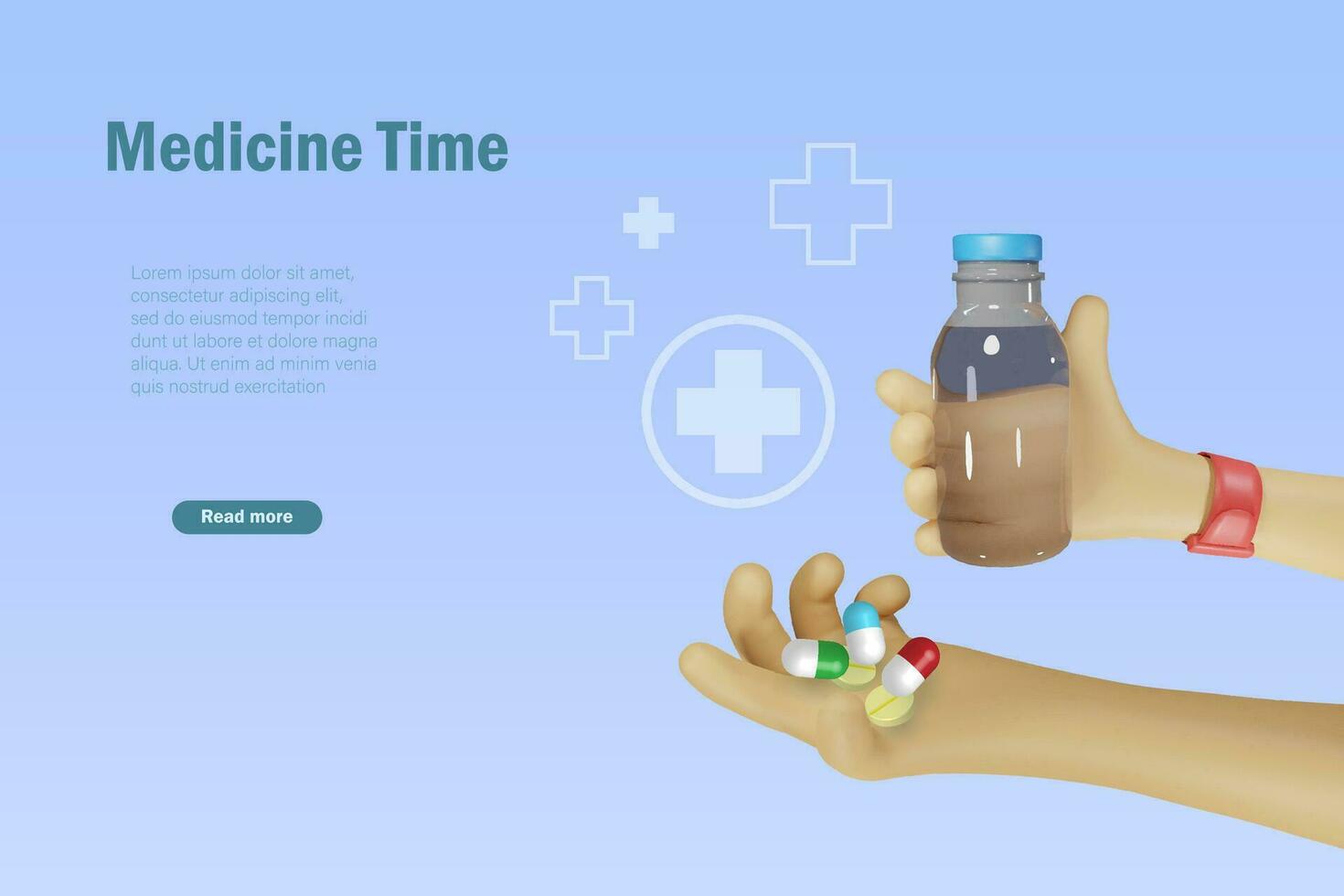 hand- houden geneeskunde capsule pil en water fles. geneeskunde tijd, nemen geneesmiddel, Gezondheid behandeling en farmaceutisch concept. 3d vector. vector