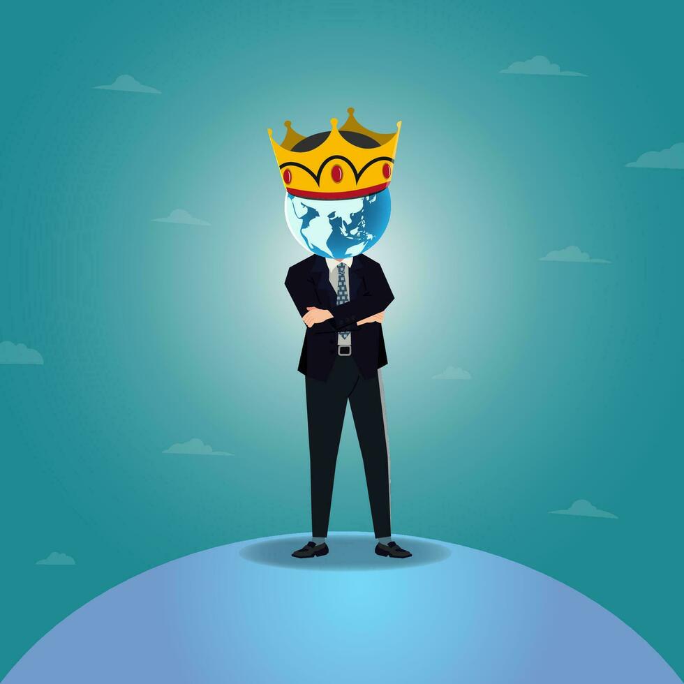 zakenman staand met aarde hoofd en kroon. succes in de wereld concept vector illustratie