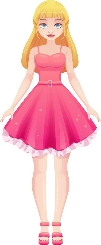 modieus roze pop met blond haar- en roze pluizig jurk. vector illustratie in tekenfilm stijl, opzichtig vector