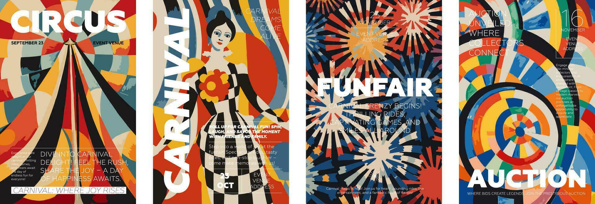 carnaval en circus creatief retro kunst poster set. veiling en festival wijnoogst typografie afdrukken ontwerp verzameling. aanplakbiljet met promo tekst Aan kleurrijk abstract patroon. vector eps modern modieus Hoes