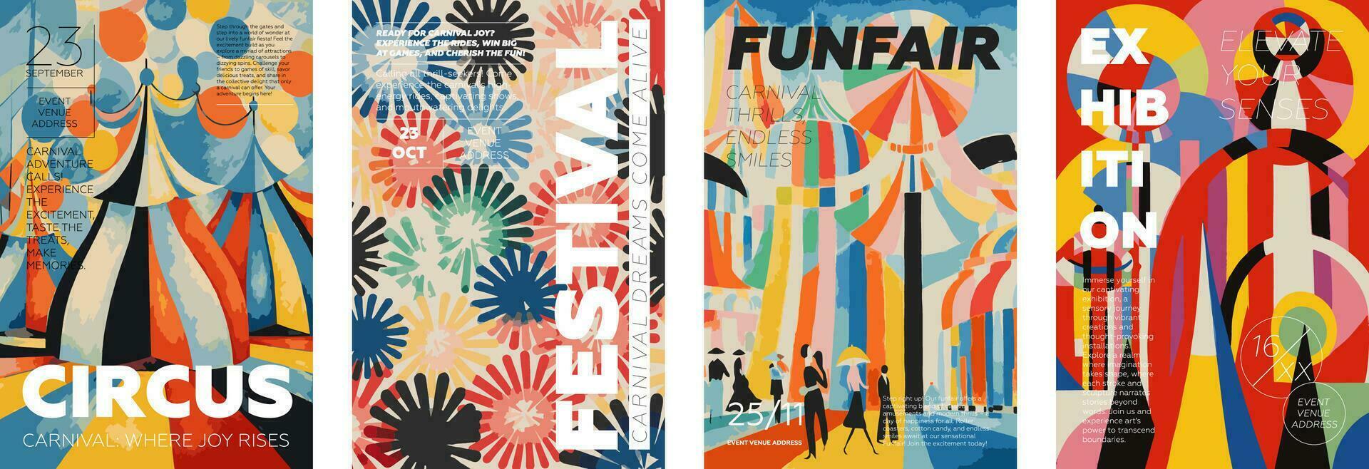 circus en festival creatief retro kunst poster set. kermis en tentoonstelling wijnoogst typografie afdrukken ontwerp verzameling. aanplakbiljet met promo tekst Aan kleurrijk abstract patroon. vector modern modieus Hoes