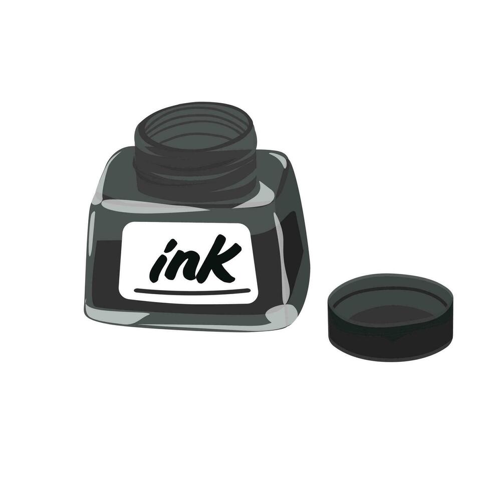 zwart inkt fles vector illustratie. inkt pot of inktpot vector. briefpapier, kantoor benodigdheden of school- benodigdheden verzameling. terug naar school- concept. vlak vector in tekenfilm stijl geïsoleerd Aan wit.