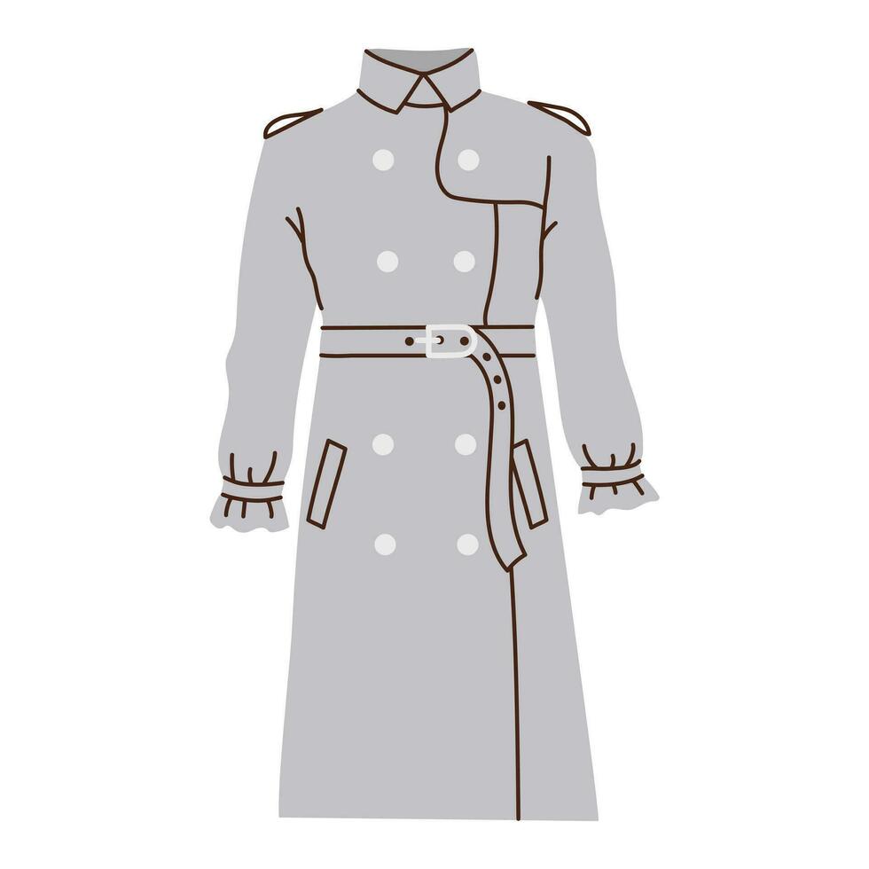 geïsoleerd grijs vrouw loopgraaf jas in vlak stijl Aan wit achtergrond. warm kleren vector