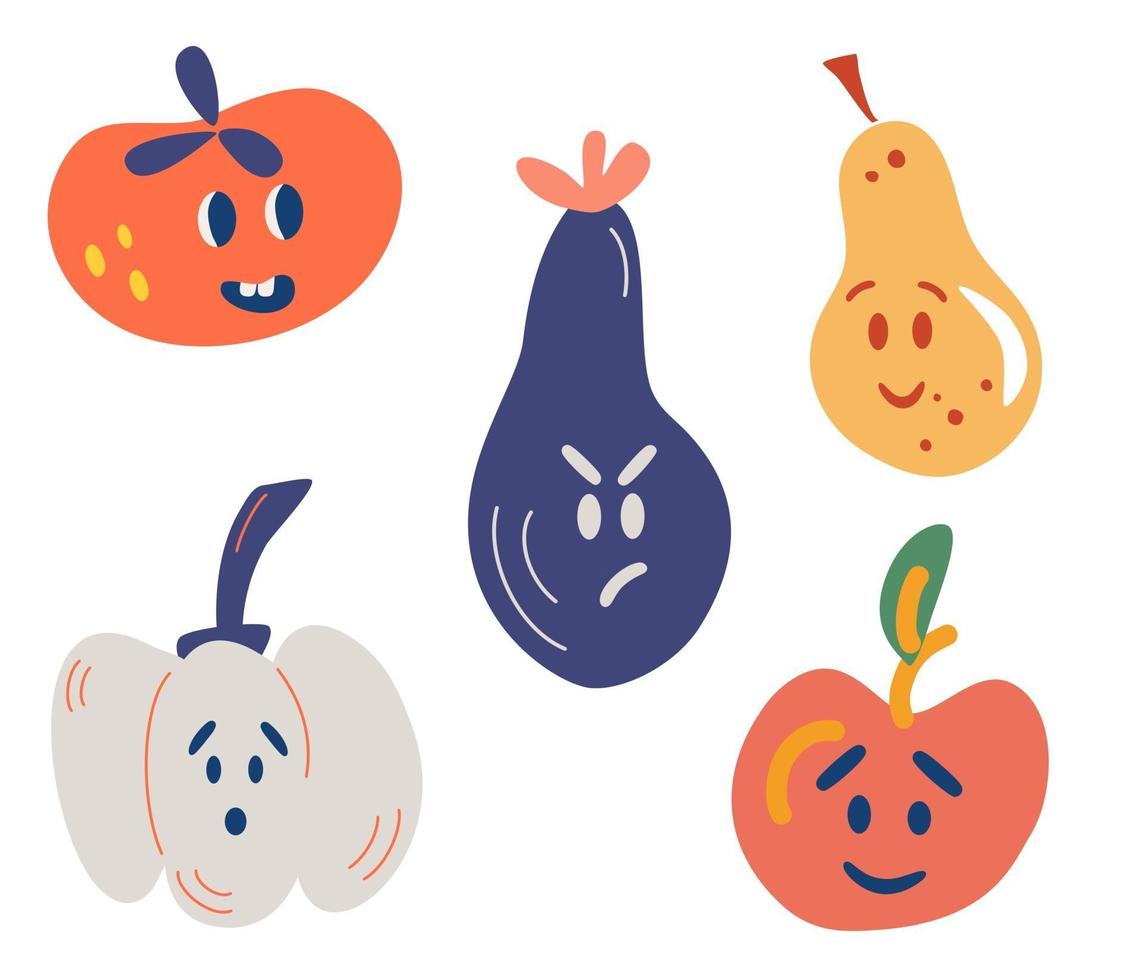 groenten en fruit met grappige gezichten. tomaat, aubergine, appel, peer, pompoen. grappig, boos, verrast. voedselconcept. voor de supermarkt. vector cartoon smiley face fruit en groente tekens