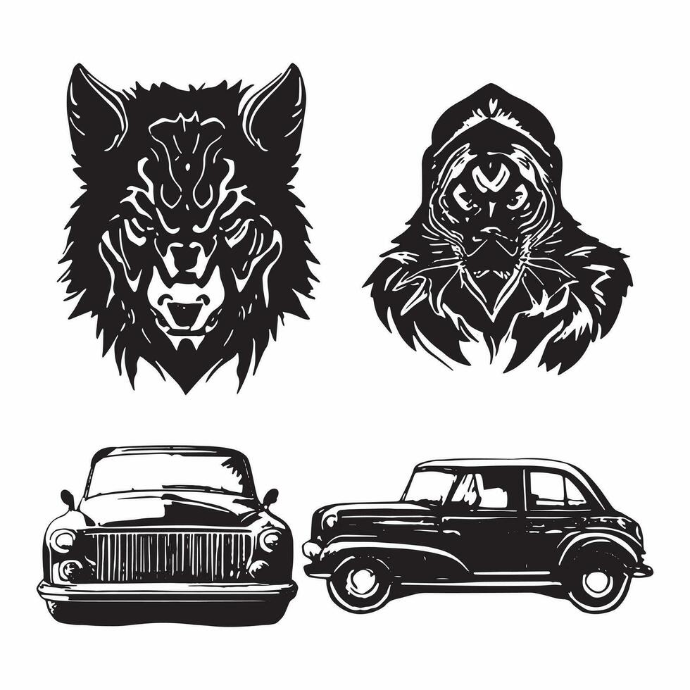 silhouet auto dieren jacht- wijnoogst vector set.