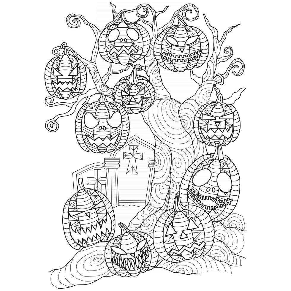 jack o'lantern boom hand getekend voor volwassen kleurboek vector