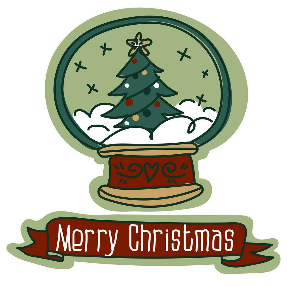 Kerstmis geschenk kaart met een glas bal met een Kerstmis boom in de sneeuw, traditioneel Kerstmis vector illustratie. een ansichtkaart voor de vakantie in retro stijl. tekenfilm voorwerp