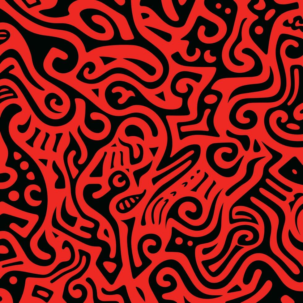 rood en zwart patroon met een zwart grafisch ontwerp, in de stijl van psychedelisch neon, kronkelig lijn stijl, escher-geïnspireerd, meetkundig chaos, vormig canvas, stoutmoedig blok afdrukken, abstractie-creatie vector