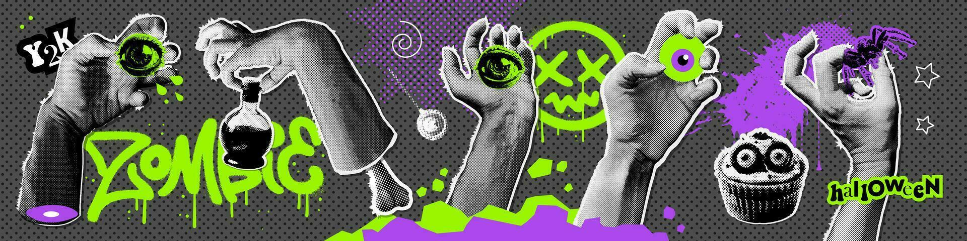 halloween papier stickers reeks met halftone zombie handen stokjes uit van grond of graf en houdt single oog, toverdrank, spin. vector stippel illustratie in gemengd media collage stijl met graffiti
