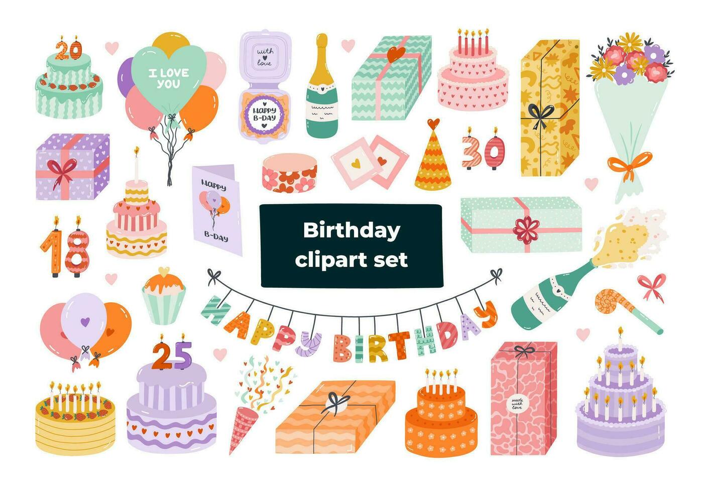 schattig hand- getrokken verjaardag set. modieus vakantie elementen, partij decoratie, cupcakes, kaarsen, geschenken, ballonnen, partij hoed. gelukkig verjaardag clip art verzameling voor kind. symbool van viering, verjaardag. vector