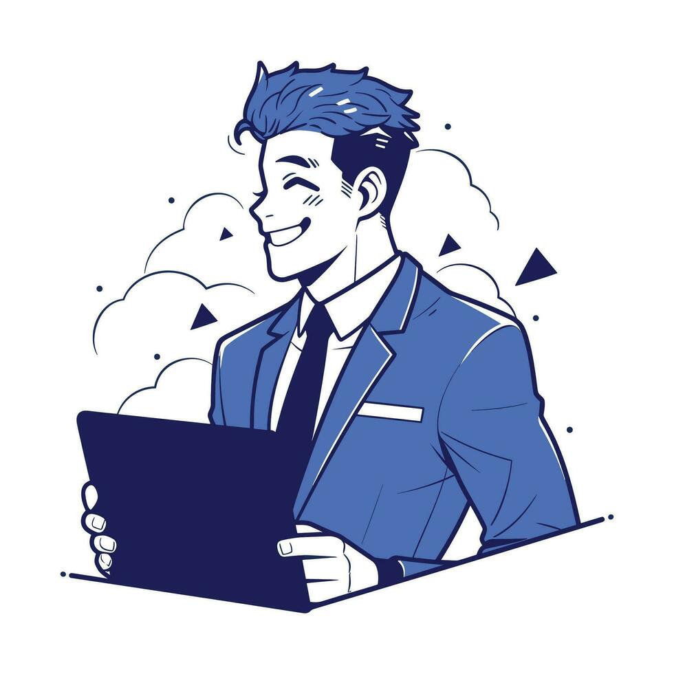 zakenman werken met computer, Mens karakter in vlak stijl, zakenman tekenfilm vector illustratie ontwerp