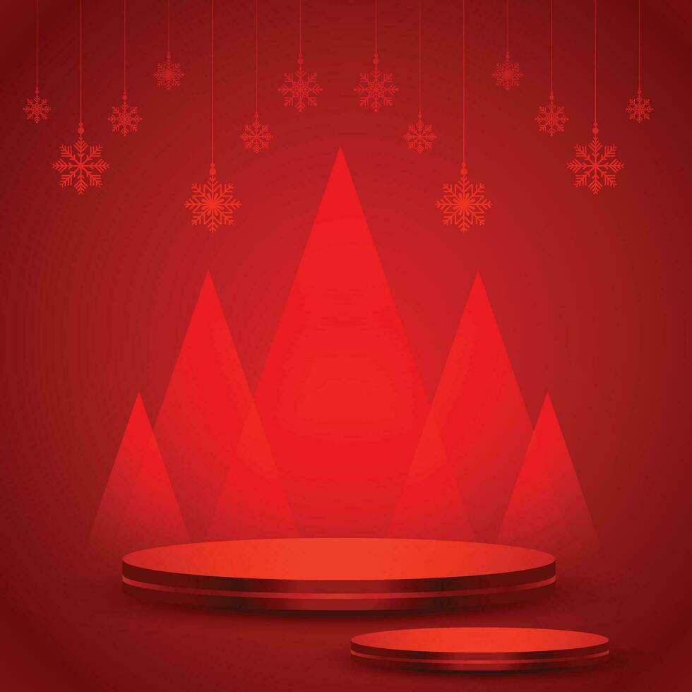 Kerstmis achtergrond met schijnend rood sneeuwvlokken en sneeuw. vrolijk Kerstmis kaart illustratie Aan rood achtergrond. sprankelend rood sneeuwvlokken met schitteren structuur in cirkel vorm vector
