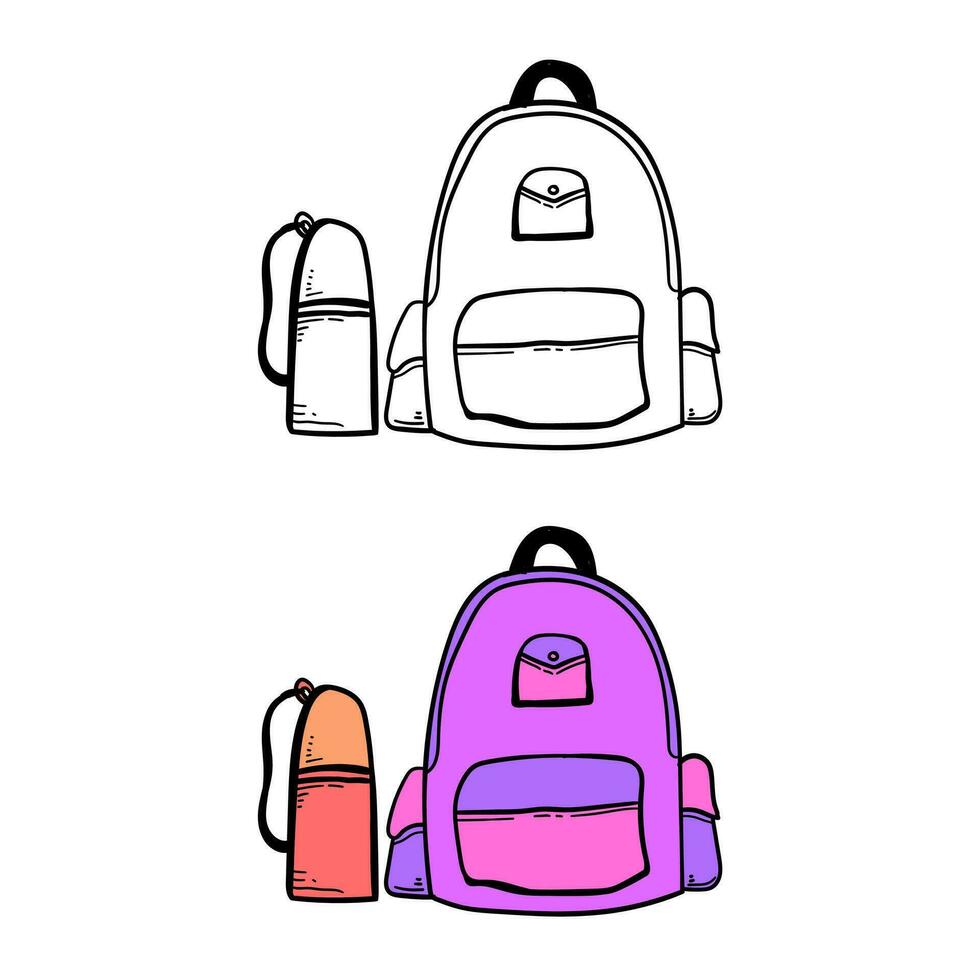school- zak en water fles hand- tekenen vector illustratie