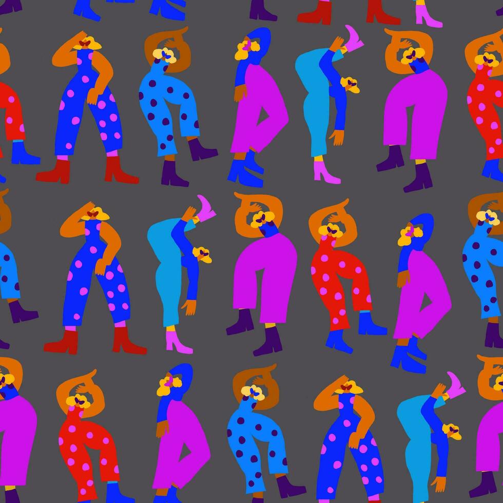 vector naadloos patroon met dansen disco mensen vervelend kleurrijk kleren, 80s wijnoogst stijl patroon. retro partij achtergrond