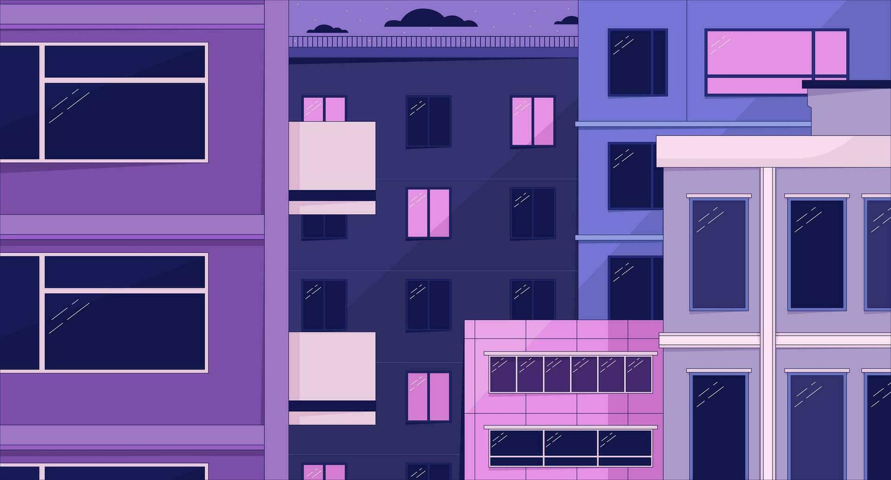 nacht in oud stad- kilte zie fi achtergrond. woon- gebouwen 2d vector tekenfilm stadsgezicht illustratie, Purper lofi behang bureaublad. zonsondergang esthetisch 90s retro kunst, dromerig gevoel