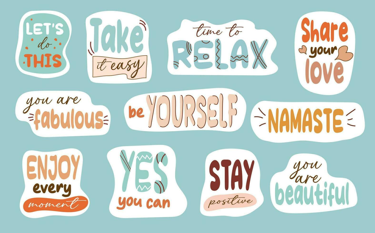 motiverende stickers set. schattig positief insignes, belettering, tekening citaten, stickers. inspirerend citaten. worden jezelf, blijven positief enz. vector illustratie. schattig tekenfilm vector. vlak stijl inspireren